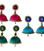 Handmae Silk Thread Peacock Green Dark Sky Blue and Pink Dangler Jhumka Earrings combo Set