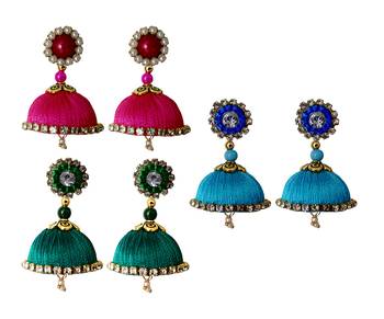 Handmae Silk Thread Peacock Green Dark Sky Blue and Pink Dangler Jhumka Earrings combo Set 2