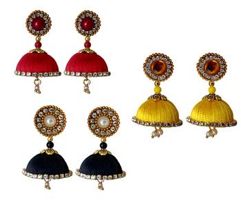 Handmae Silk Thread Red Black and Leamon Yellow Dangler Jhumka Earrings combo Set 1
