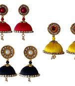 Handmae Silk Thread Red Black and Leamon Yellow Dangler Jhumka Earrings combo Set