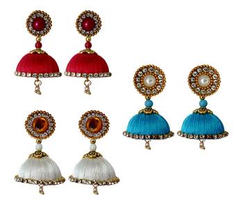 Handmae Silk Thread Red Dark Sky Blue and White Dangler Jhumka Earrings combo Set 1