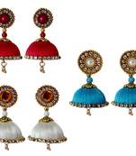Handmae Silk Thread Red Dark Sky Blue and White Dangler Jhumka Earrings combo Set