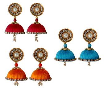 Handmae Silk Thread Red Orange and Dark Sky Blue Dangler Jhumka Earrings combo Set 1