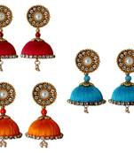 Handmae Silk Thread Red Orange and Dark Sky Blue Dangler Jhumka Earrings combo Set