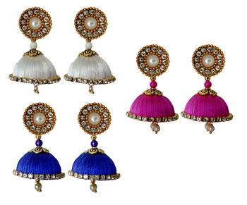 Handmae Silk Thread White Navy Blue and Magenta Dangler Jhumka Earrings combo Set 1
