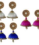 Handmae Silk Thread White Navy Blue and Magenta Dangler Jhumka Earrings combo Set