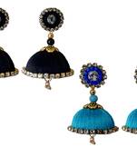 Handmae Silk Thread Black and Dark Sky Blue Dangler Jhumka Earrings combo Set