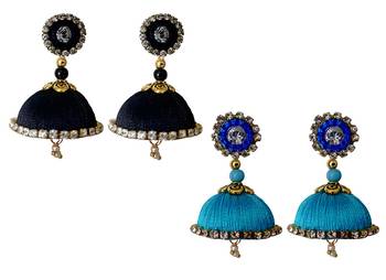 Handmae Silk Thread Black and Dark Sky Blue Dangler Jhumka Earrings combo Set 2
