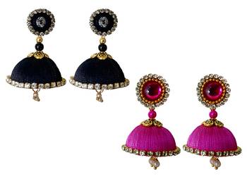 Handmae Silk Thread Black and Maroon Dangler Jhumka Earrings combo Set 2