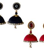 Handmae Silk Thread Black and Red Dangler Jhumka Earrings combo Set
