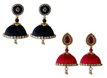 Handmae Silk Thread Black and Red Dangler Jhumka Earrings combo Set 2