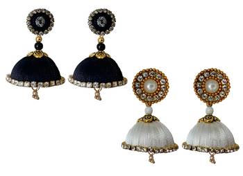 Handmae Silk Thread Black and White Dangler Jhumka Earrings combo Set 1