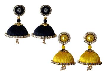 Handmae Silk Thread Black and Yellow Dangler Jhumka Earrings combo Set 1