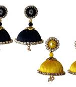 Handmae Silk Thread Black and Yellow Dangler Jhumka Earrings combo Set
