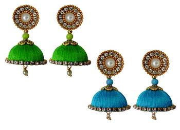 Handmae Silk Thread Lawn Green and Baby Pink Dangler Jhumka Earrings combo Set 1