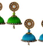 Handmae Silk Thread Lawn Green and Baby Pink Dangler Jhumka Earrings combo Set