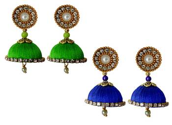 Handmae Silk Thread Lawn Green and Black Dangler Jhumka Earrings combo Set 1