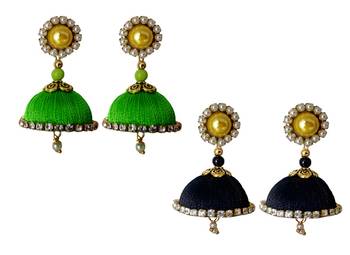 Handmae Silk Thread Lawn Green and Black Dangler Jhumka Earrings combo Set 2
