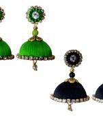 Handmae Silk Thread Lawn Green and Dark Sky Blue Dangler Jhumka Earrings combo Set