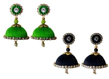 Handmae Silk Thread Lawn Green and Dark Sky Blue Dangler Jhumka Earrings combo Set 2