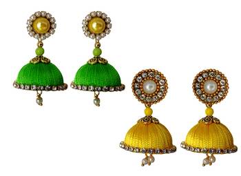 Handmae Silk Thread Lawn Green and Leamon Yellow Dangler Jhumka Earrings combo Set 1