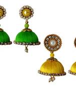 Handmae Silk Thread Lawn Green and Leamon Yellow Dangler Jhumka Earrings combo Set