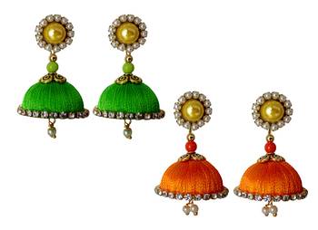 Handmae Silk Thread Lawn Green and Orange Dangler Jhumka Earrings combo Set 1