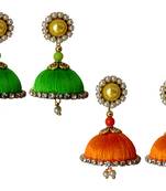 Handmae Silk Thread Lawn Green and Orange Dangler Jhumka Earrings combo Set