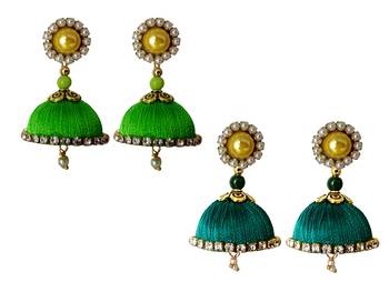 Handmae Silk Thread Lawn Green and Peacock Green Dangler Jhumka Earrings combo Set 1 1
