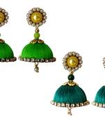 Handmae Silk Thread Lawn Green and Peacock Green Dangler Jhumka Earrings combo Set 1
