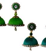 Handmae Silk Thread Lawn Green and Peacock Green Dangler Jhumka Earrings combo Set 2