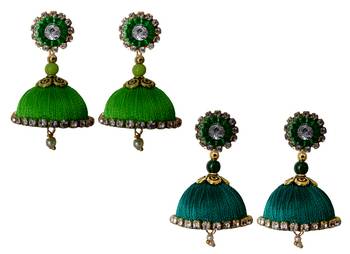Handmae Silk Thread Lawn Green and Peacock Green Dangler Jhumka Earrings combo Set 2 2