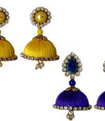 Handmae Silk Thread Leamon Yellow and Navy Blue Dangler Jhumka Earrings combo Set