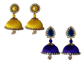 Handmae Silk Thread Leamon Yellow and Navy Blue Dangler Jhumka Earrings combo Set 2