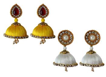 Handmae Silk Thread Leamon Yellow and White Dangler Jhumka Earrings combo Set 1 1