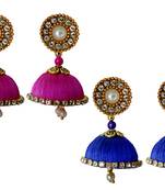 Handmae Silk Thread Magenta and Blue Dangler Jhumka Earrings combo Set