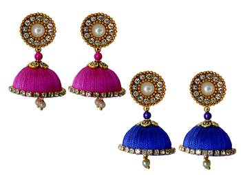 Handmae Silk Thread Magenta and Blue Dangler Jhumka Earrings combo Set 2