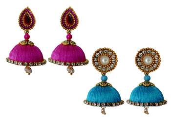 Handmae Silk Thread Magenta and Dark Sky Blue Dangler Jhumka Earrings combo Set 1 1