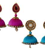 Handmae Silk Thread Magenta and Dark Sky Blue Dangler Jhumka Earrings combo Set 1