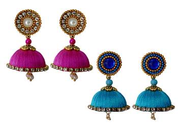 Handmae Silk Thread Magenta and Dark Sky Blue Dangler Jhumka Earrings combo Set 2 1