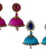 Handmae Silk Thread Magenta and Dark Sky Blue Dangler Jhumka Earrings combo Set 3