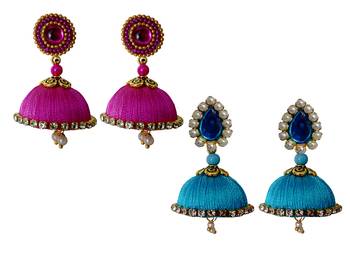 Handmae Silk Thread Magenta and Dark Sky Blue Dangler Jhumka Earrings combo Set 3 2