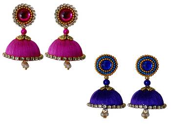 Handmae Silk Thread Magenta and Navy Blue Dangler Jhumka Earrings combo Set 1 1