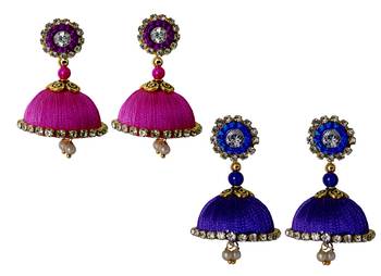 Handmae Silk Thread Magenta and Navy Blue Dangler Jhumka Earrings combo Set 2 1