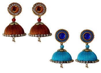 Handmae Silk Thread Metalic Brown and Dark Sky Blue Dangler Jhumka Earrings combo Set 1