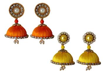 Handmae Silk Thread Orange and Leamon Yellow Dangler Jhumka Earrings combo Set 1