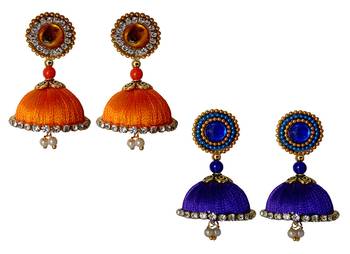 Handmae Silk Thread Orange and Navy Blue Dangler Jhumka Earrings combo Set 2