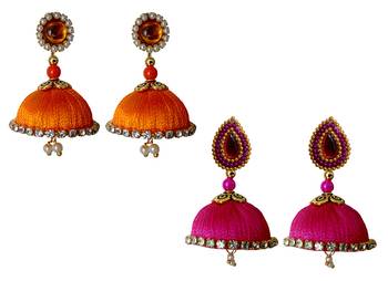 Handmae Silk Thread Orange and Pink Dangler Jhumka Earrings combo Set 1
