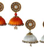 Handmae Silk Thread Orange and White Dangler Jhumka Earrings combo Set