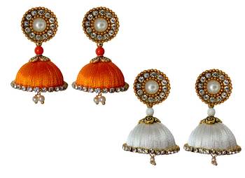 Handmae Silk Thread Orange and White Dangler Jhumka Earrings combo Set 2